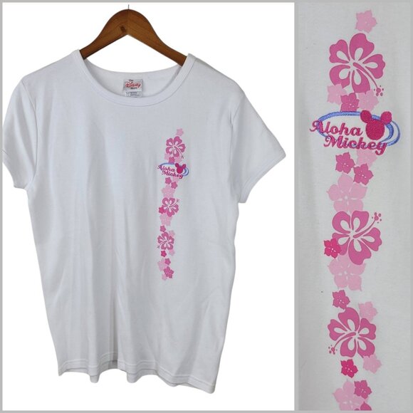 Vtg Y2K Disney Store Mickey Mouse Aloha T-Shirt Large Pink Hibiscus Hawaiian - Picture 1 of 8